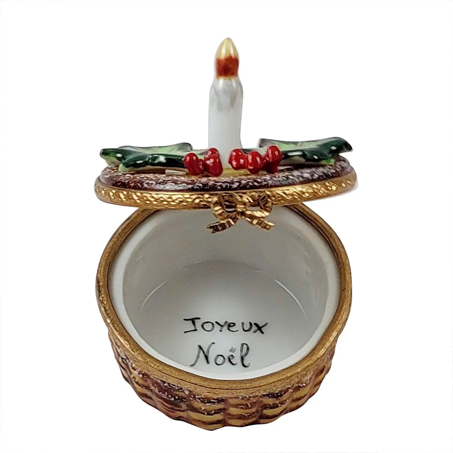 Joyeux Noel Christmas Candle w Holly Porcelain Limoges xmas theme bag French Trinket Box
