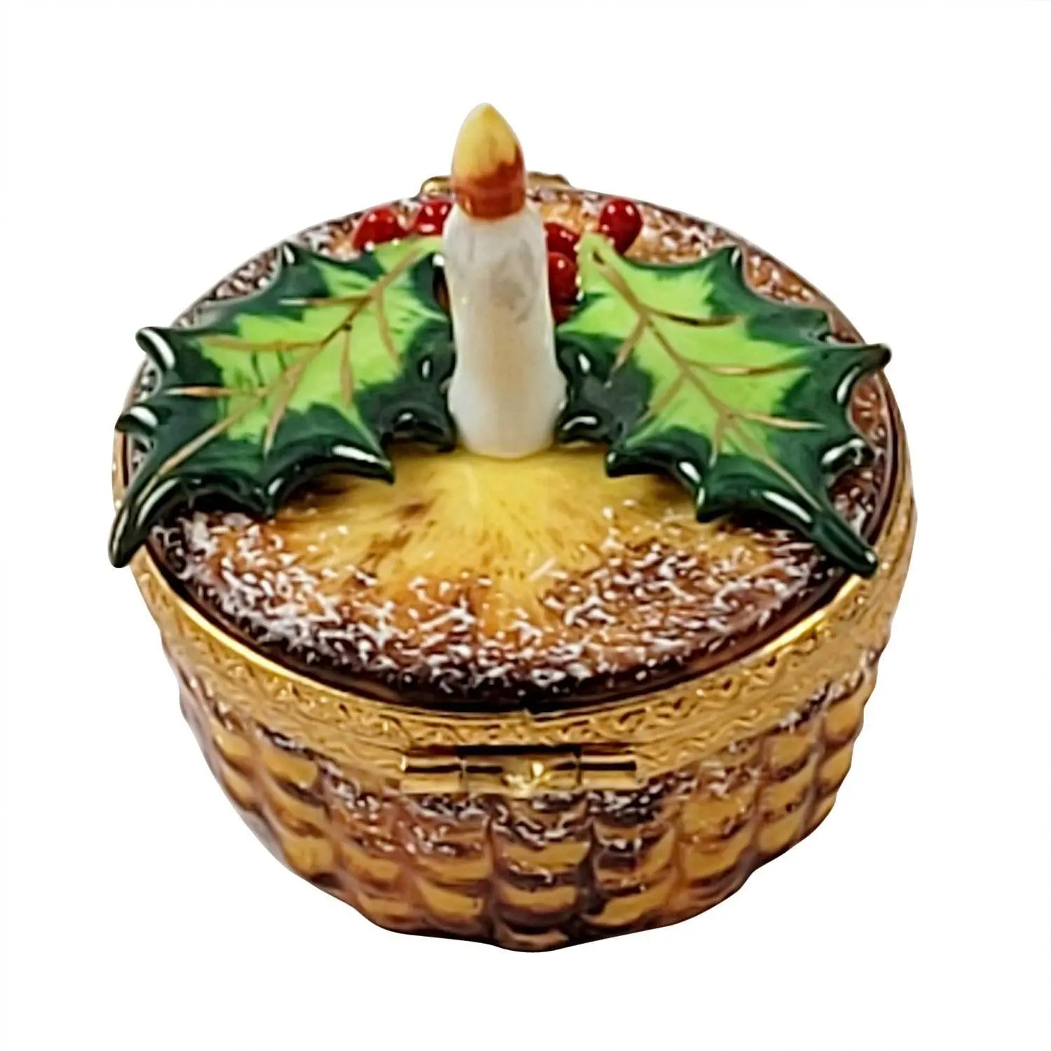 Joyeux Noel Christmas Candle w Holly Porcelain Limoges xmas theme bag French Trinket Box