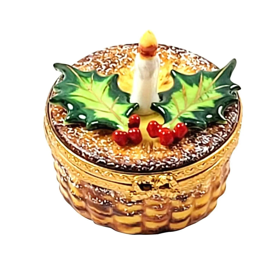 Joyeux Noel Christmas Candle w Holly Porcelain Limoges xmas theme bag French Trinket Box