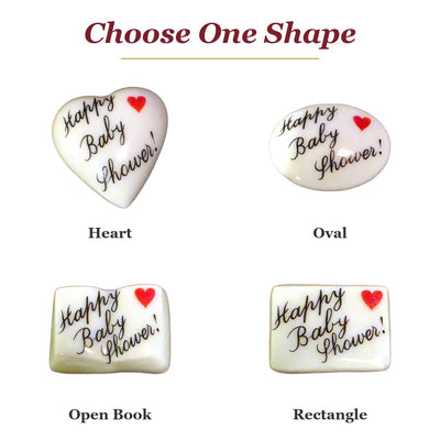 Happy Baby Shower! porcelain goodie trinkets in all shapes: heart, oval, open book, rectangle