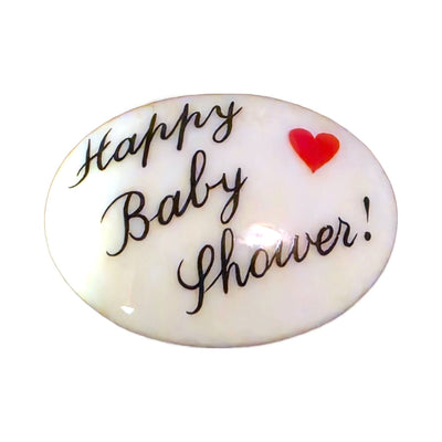 Happy Baby Shower! porcelain goodie trinket, oval shape, 1 inch wide, with a red heart
