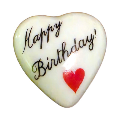 Happy Birthday! porcelain goodie trinket, heart shape, 1 inch wide, with a red heart