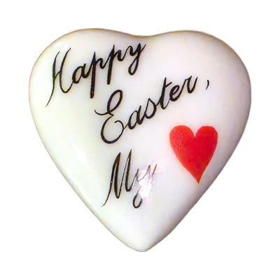 Happy Easter My Love porcelain goodie trinket, heart shape, 1 inch wide, with a red heart