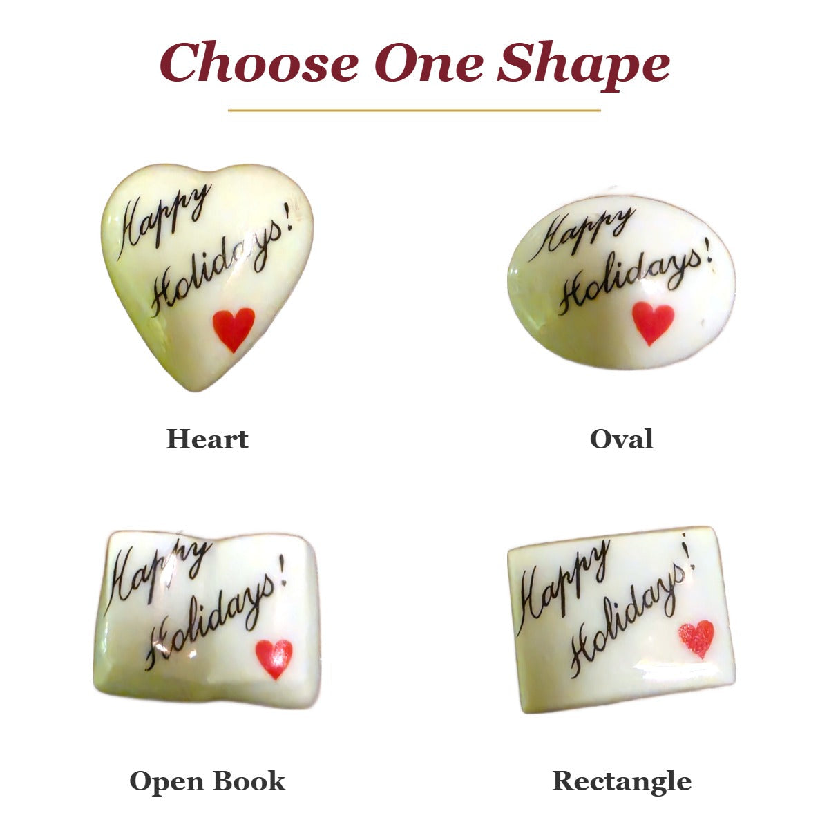 Happy Holidays! porcelain goodie trinkets in all shapes: heart, oval, open book, rectangle