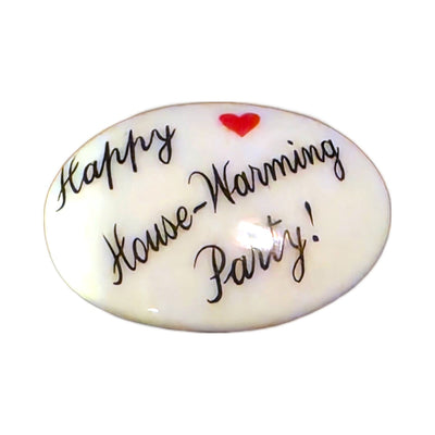 Happy House-Warming Party! porcelain goodie trinket, oval shape, 1 inch wide, with a red heart