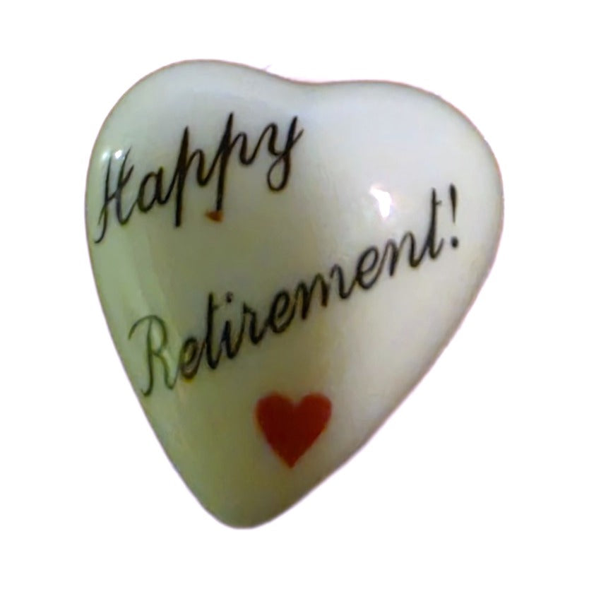 Happy Retirement! porcelain goodie trinket, heart shape, 1 inch wide, with a red heart