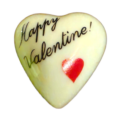 Happy Valentine! porcelain goodie trinket, heart shape, 1 inch wide, with a red heart