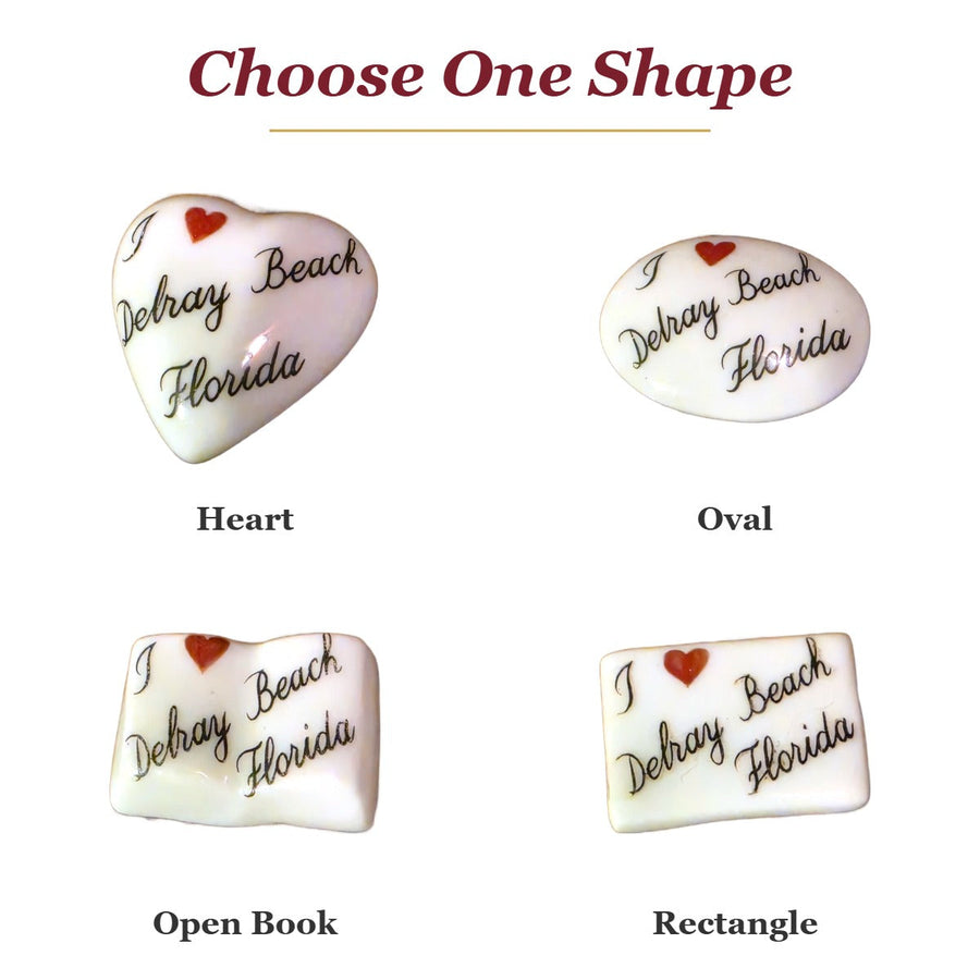 I Love Delray Beach, Florida porcelain goodie trinkets in all shapes: heart, oval, open book, rectangle