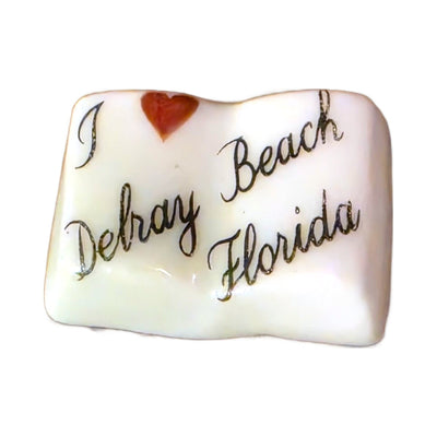 I Love Delray Beach, Florida porcelain goodie trinket, open book shape, 5/8 inch wide, with a red heart