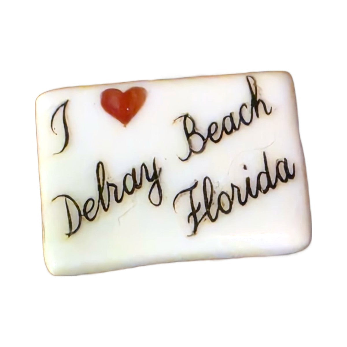 I Love Delray Beach, Florida porcelain goodie trinket, rectangle shape, 5/8 inch wide, with a red heart