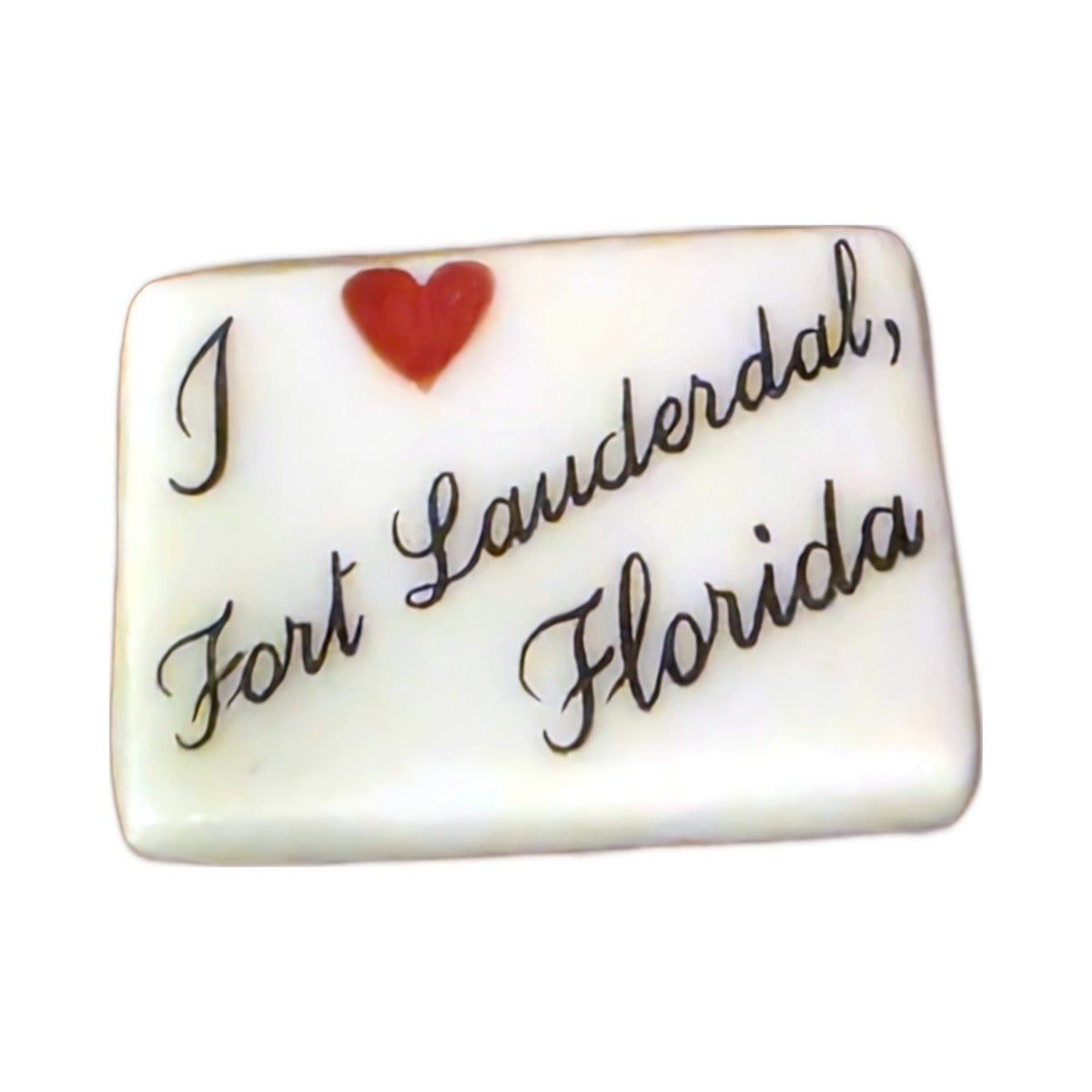 I Love Fort Lauderdale, Florida porcelain goodie trinket, rectangle shape, 5/8 inch wide, with a red heart