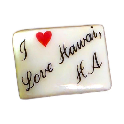 I Love Hawaii porcelain goodie trinket, rectangle shape, 5/8 inch wide, with a red heart