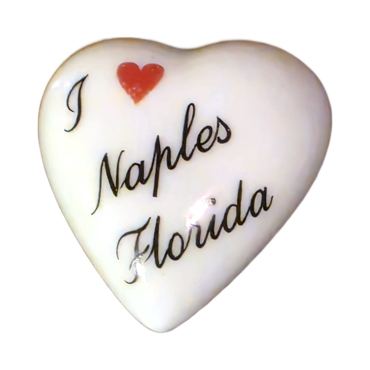 I Love Naples, Florida porcelain goodie trinket, heart shape, 1 inch wide, with a red heart