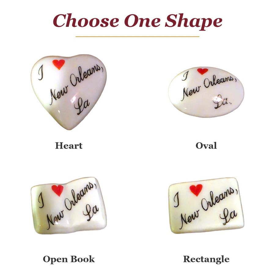 I Love New Orleans, LA porcelain goodie trinkets in all shapes: heart, oval, open book, rectangle