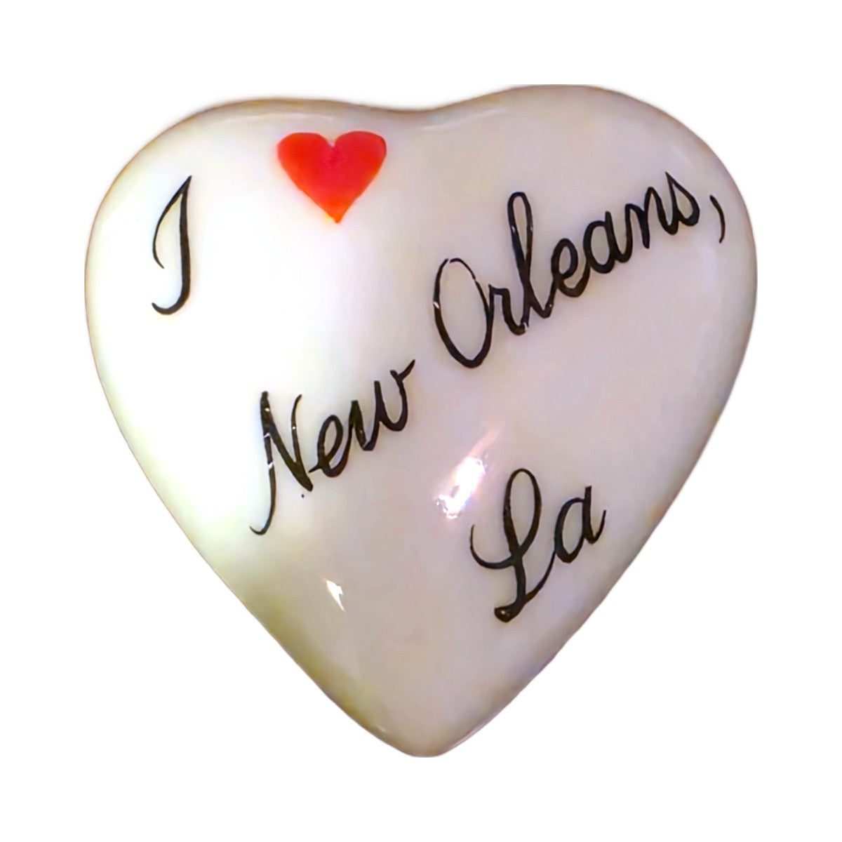 I Love New Orleans, LA porcelain goodie trinket, heart shape, 1 inch wide, with a red heart