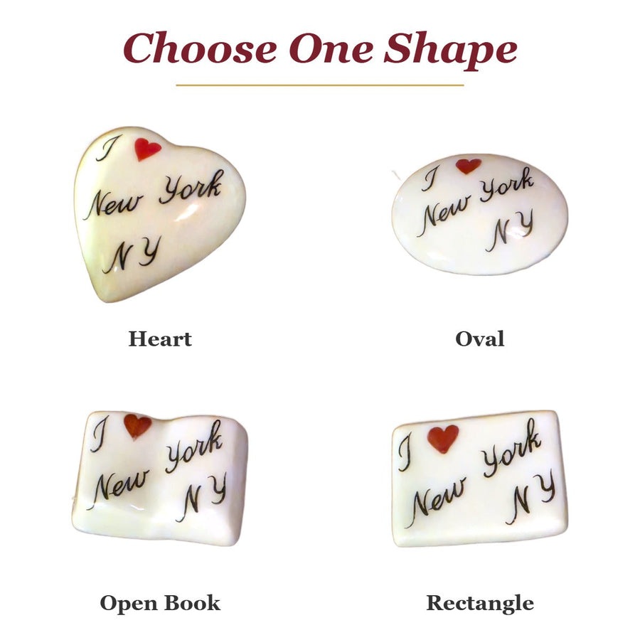 I Love New York, NY porcelain goodie trinkets in all shapes: heart, oval, open book, rectangle