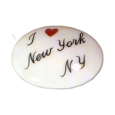 I Love New York, NY porcelain goodie trinket, oval shape, 1 inch wide, with a red heart