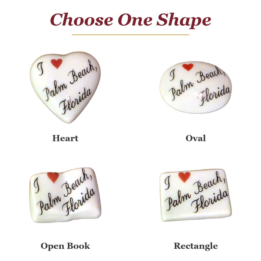 I Love Palm Beach, Florida porcelain goodie trinkets in all shapes: heart, oval, open book, rectangle