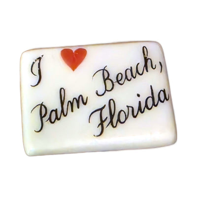 I Love Palm Beach, Florida porcelain goodie trinket, rectangle shape, 5/8 inch wide, with a red heart