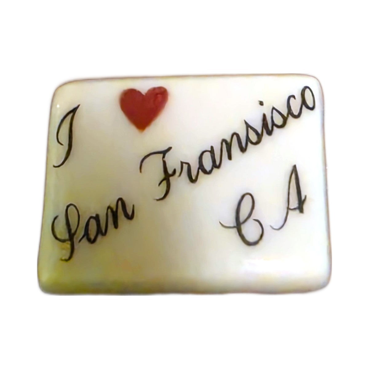 I Love San Francisco, CA porcelain goodie trinket, rectangle shape, 5/8 inch wide, with a red heart