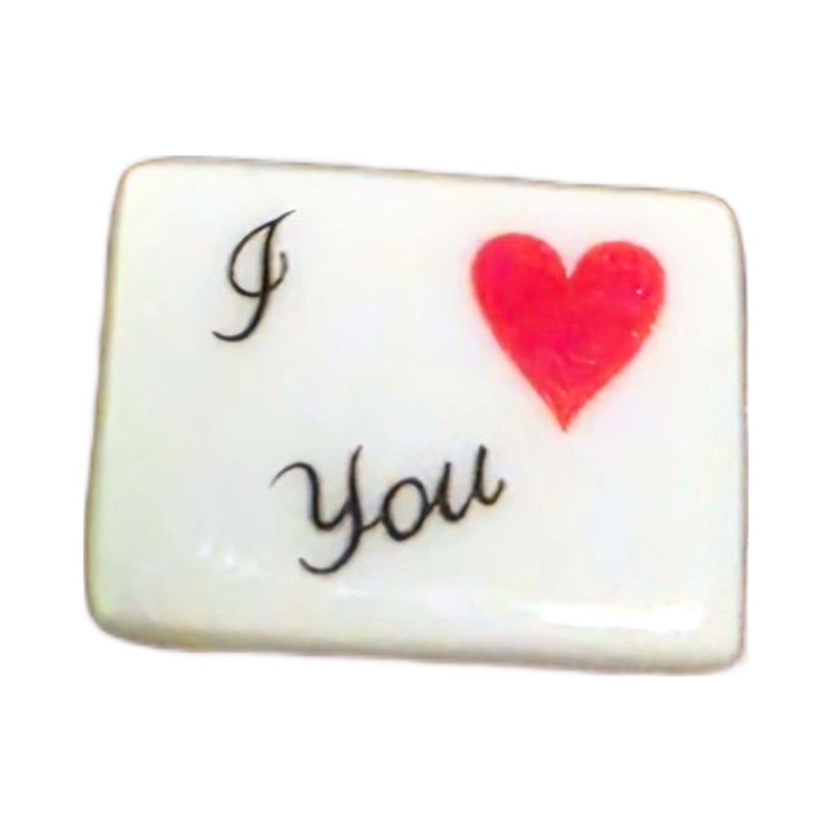 I Love You porcelain goodie trinket, rectangle shape, 5/8 inch wide, with a red heart