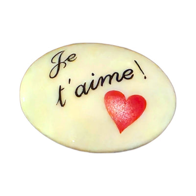 Je T'aime! porcelain goodie trinket, oval shape, 1 inch wide, with a red heart