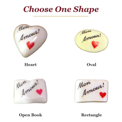 Mon Amour! porcelain goodie trinkets in all shapes: heart, oval, open book, rectangle