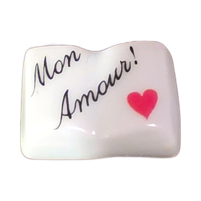 Mon Amour! porcelain goodie trinket, open book shape, 5/8 inch wide, with a red heart