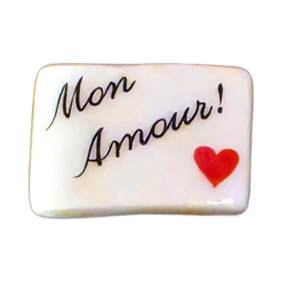 Mon Amour! porcelain goodie trinket, rectangle shape, 5/8 inch wide, with a red heart