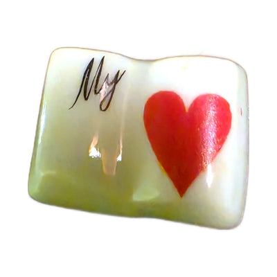 My Love porcelain goodie trinket, open book shape, 5/8 inch wide, with a red heart