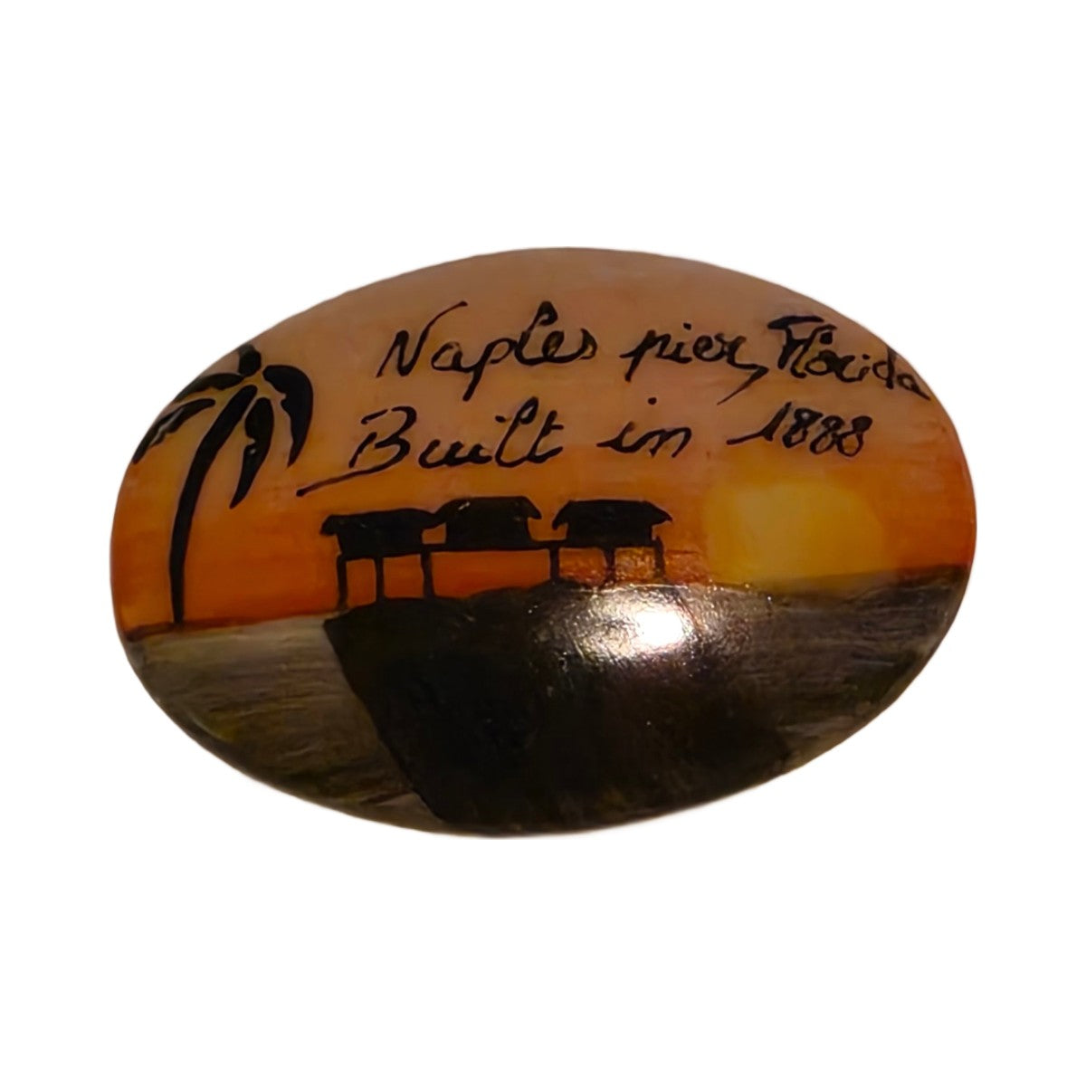 Naples Pier, Florida, Built in 1888 hand-painted porcelain goodie trinket, oval, 1 1/4 inches wide