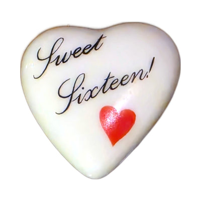 Sweet Sixteen! porcelain goodie trinket, heart shape, 1 inch wide, with a red heart