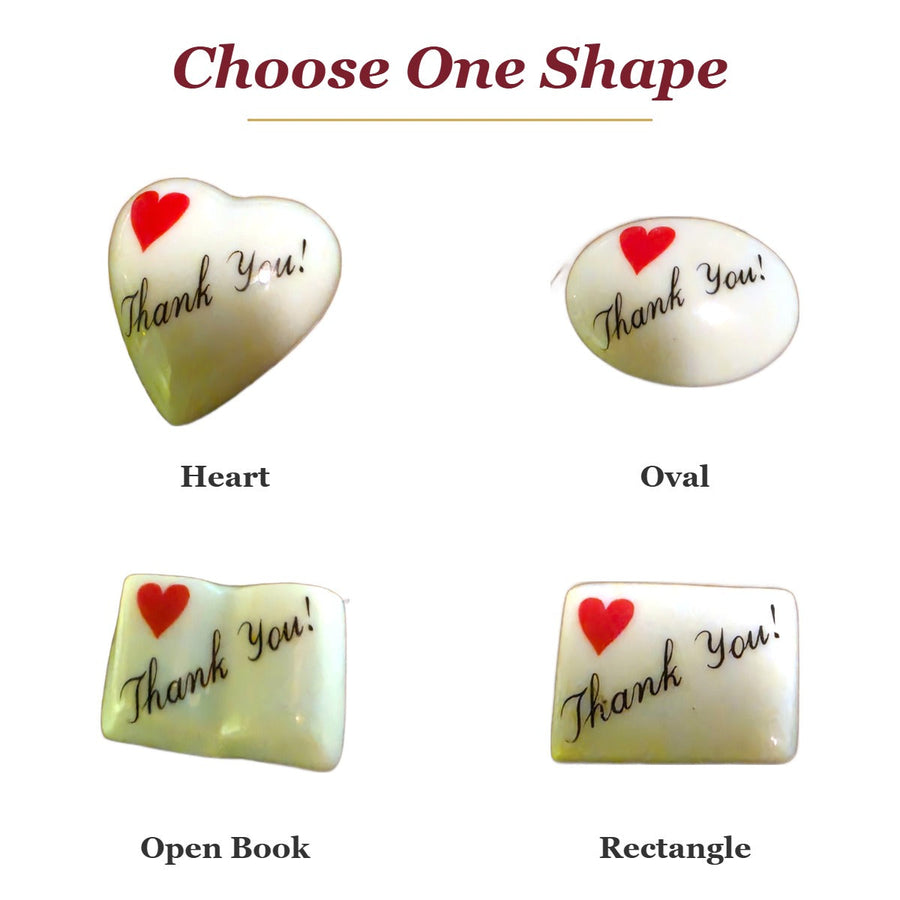 Thank You! porcelain goodie trinkets in all shapes: heart, oval, open book, rectangle