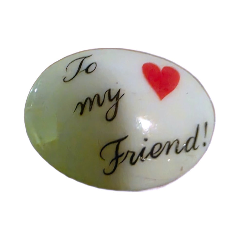 To My Friend! porcelain goodie trinket, oval shape, 1 inch wide, with a red heart