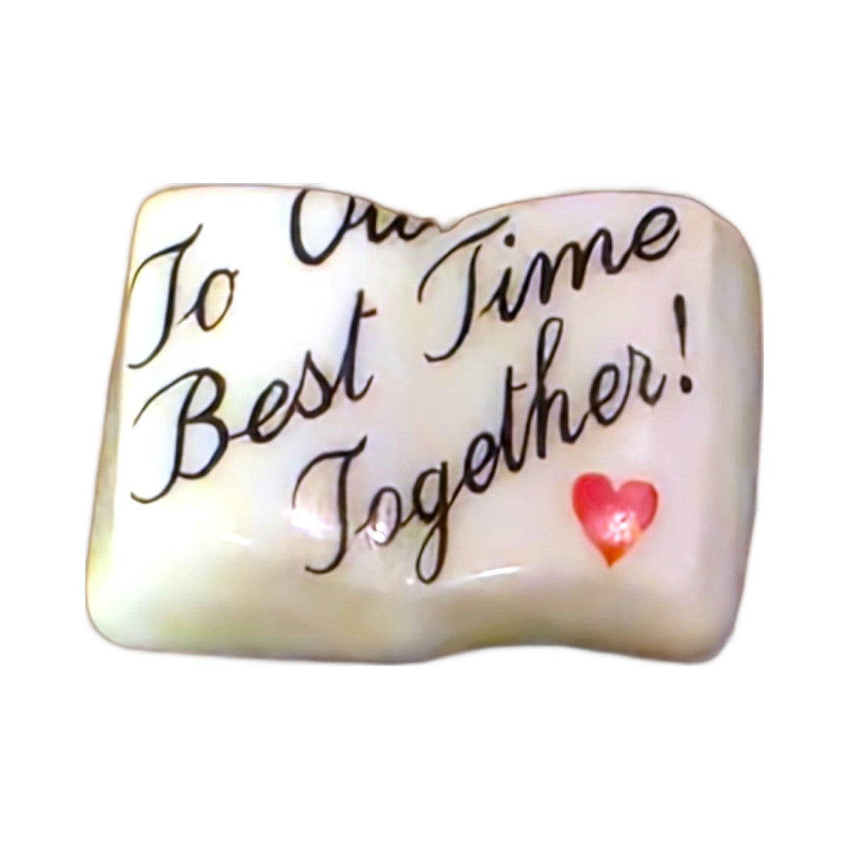 To Our Best Time Together! porcelain goodie trinket, open book shape, 5/8 inch wide, with a red heart