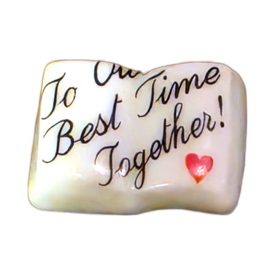 To Our Best Time Together! porcelain goodie trinket, open book shape, 5/8 inch wide, with a red heart