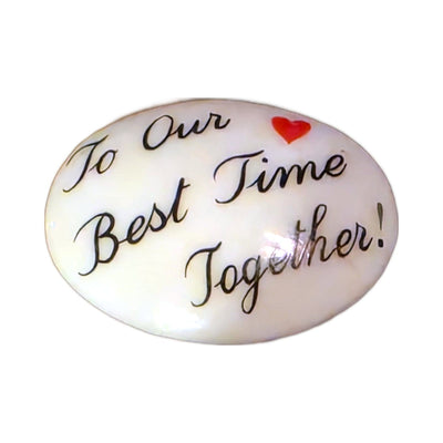 To Our Best Time Together! porcelain goodie trinket, oval shape, 1 inch wide, with a red heart