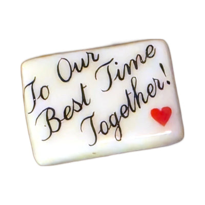 To Our Best Time Together! porcelain goodie trinket, rectangle shape, 5/8 inch wide, with a red heart
