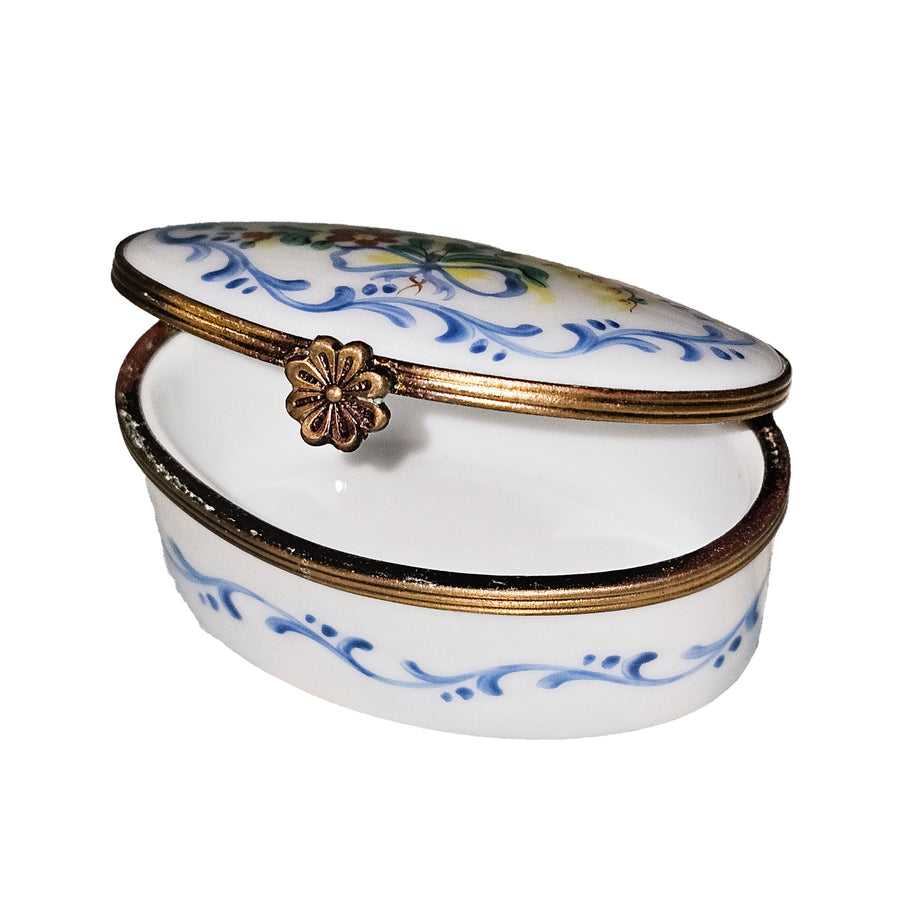Light Blue Floral Bow Box Porcelain Limoges traditional French Trinket Box