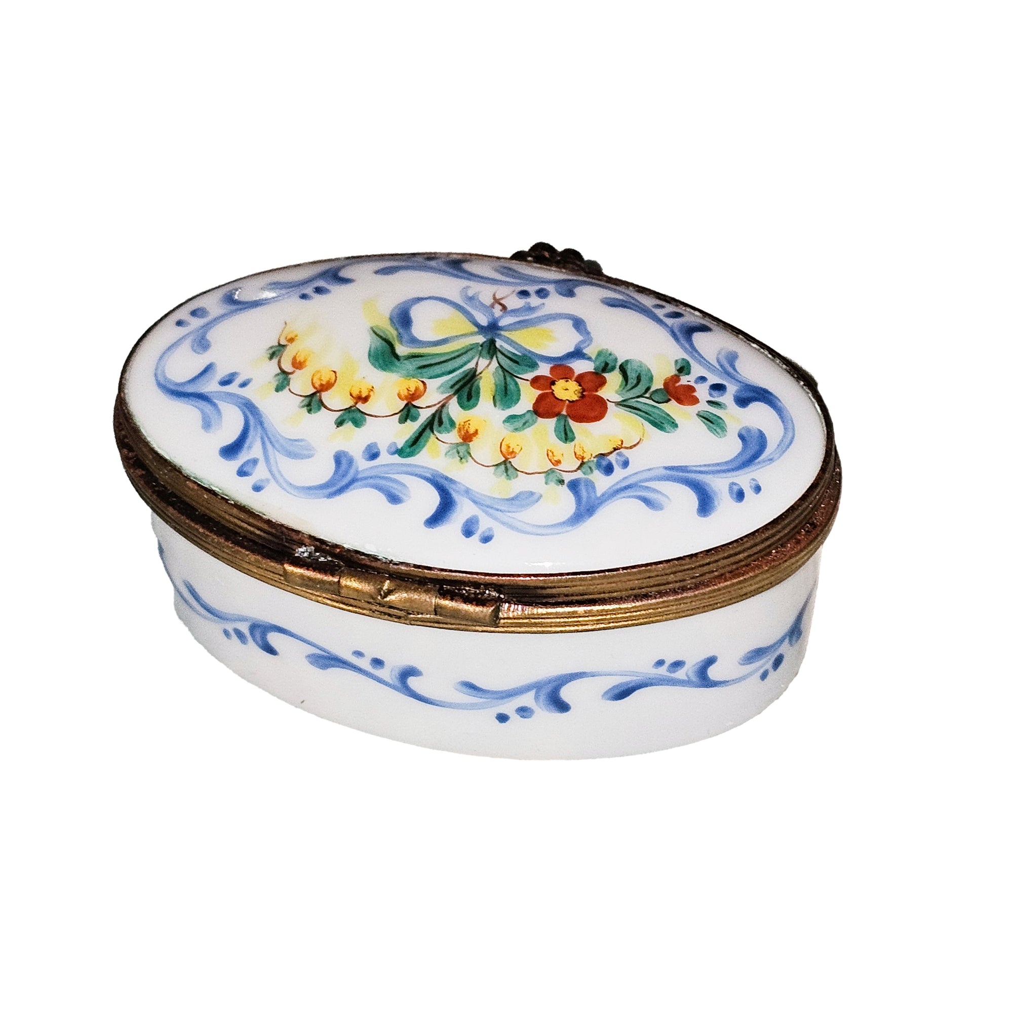 Light Blue Floral Bow Box Porcelain Limoges traditional French Trinket Box