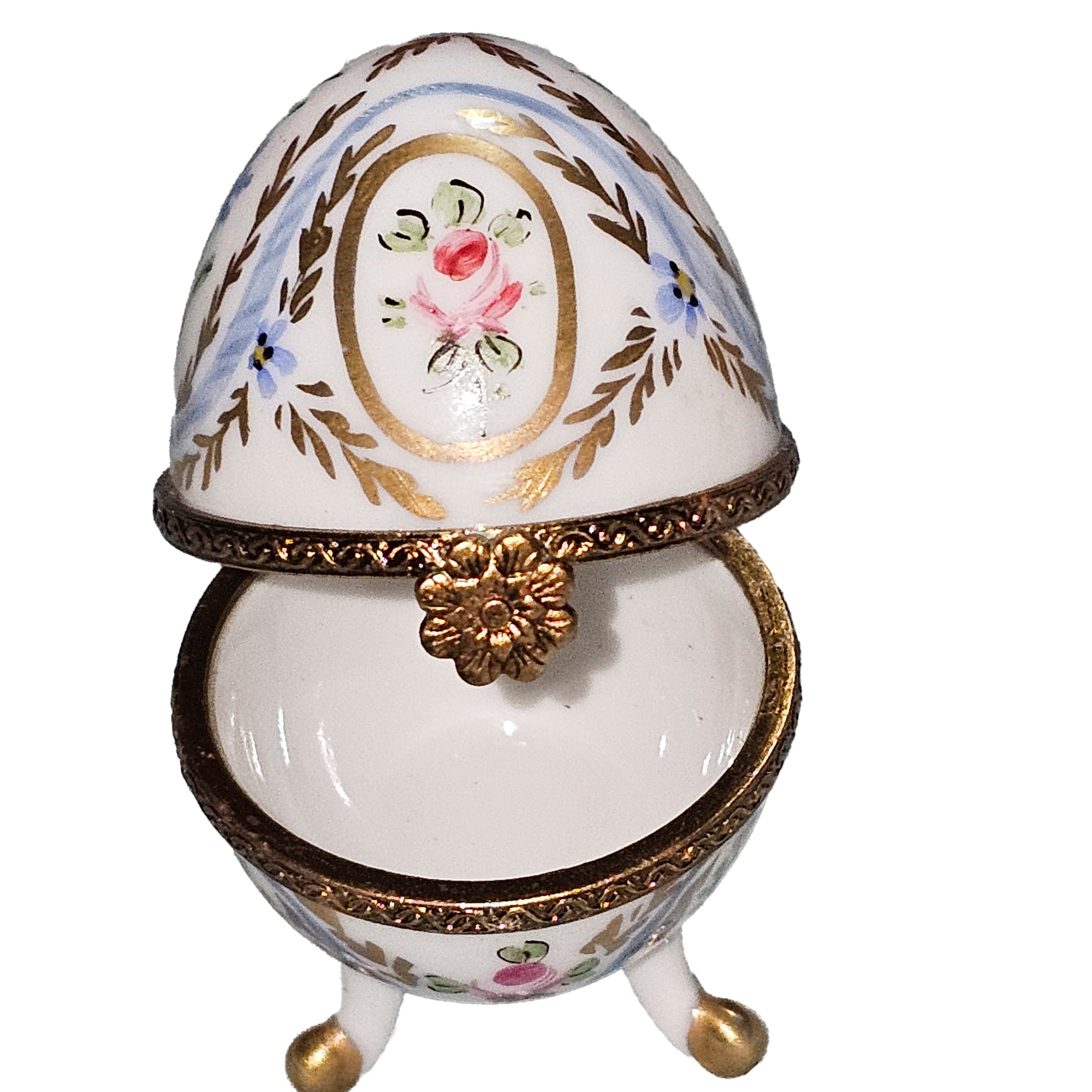 Light Blue Floral Egg Box Porcelain Limoges egg French Trinket Box