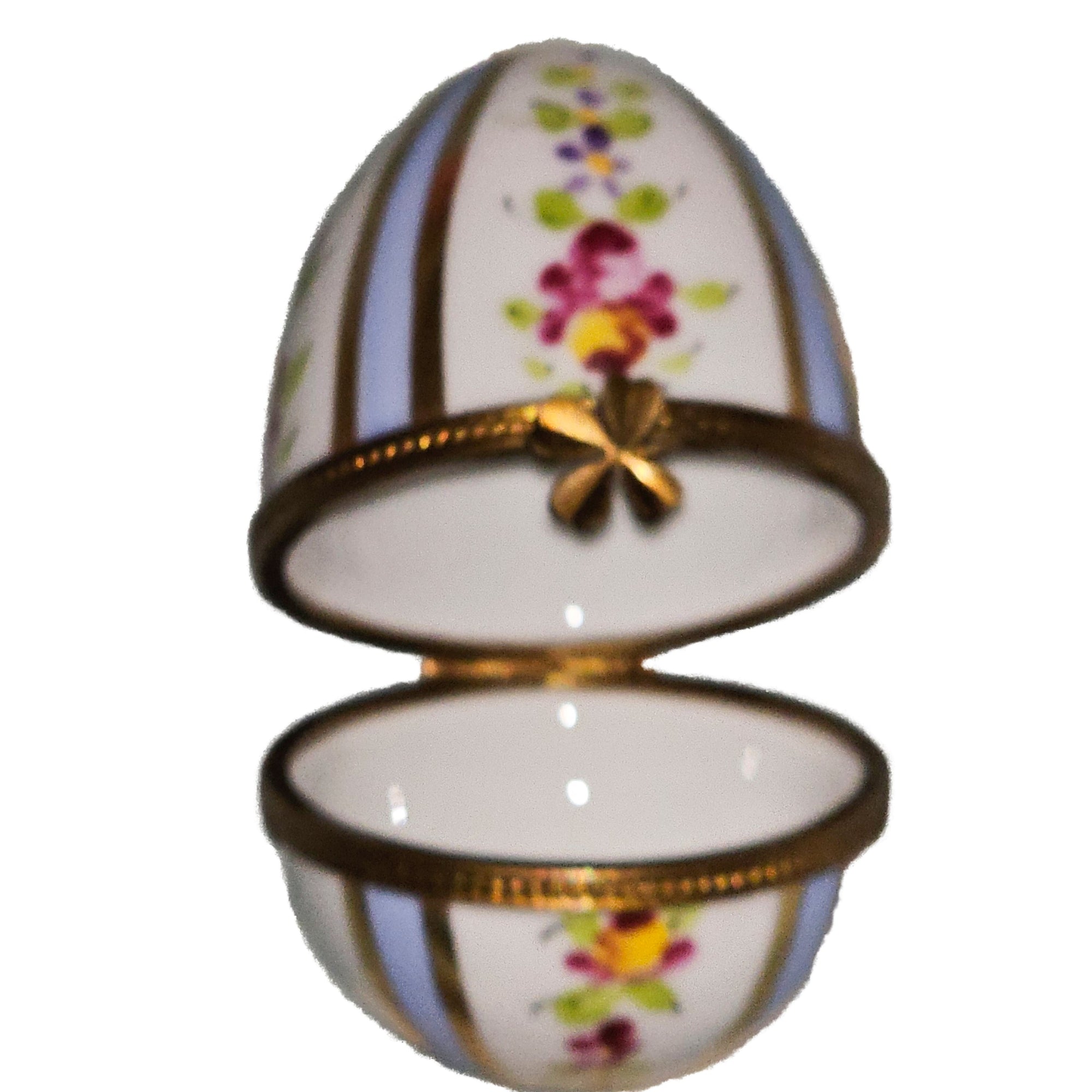 Light Blue Striped Floral Egg Porcelain Limoges egg French Trinket Box
