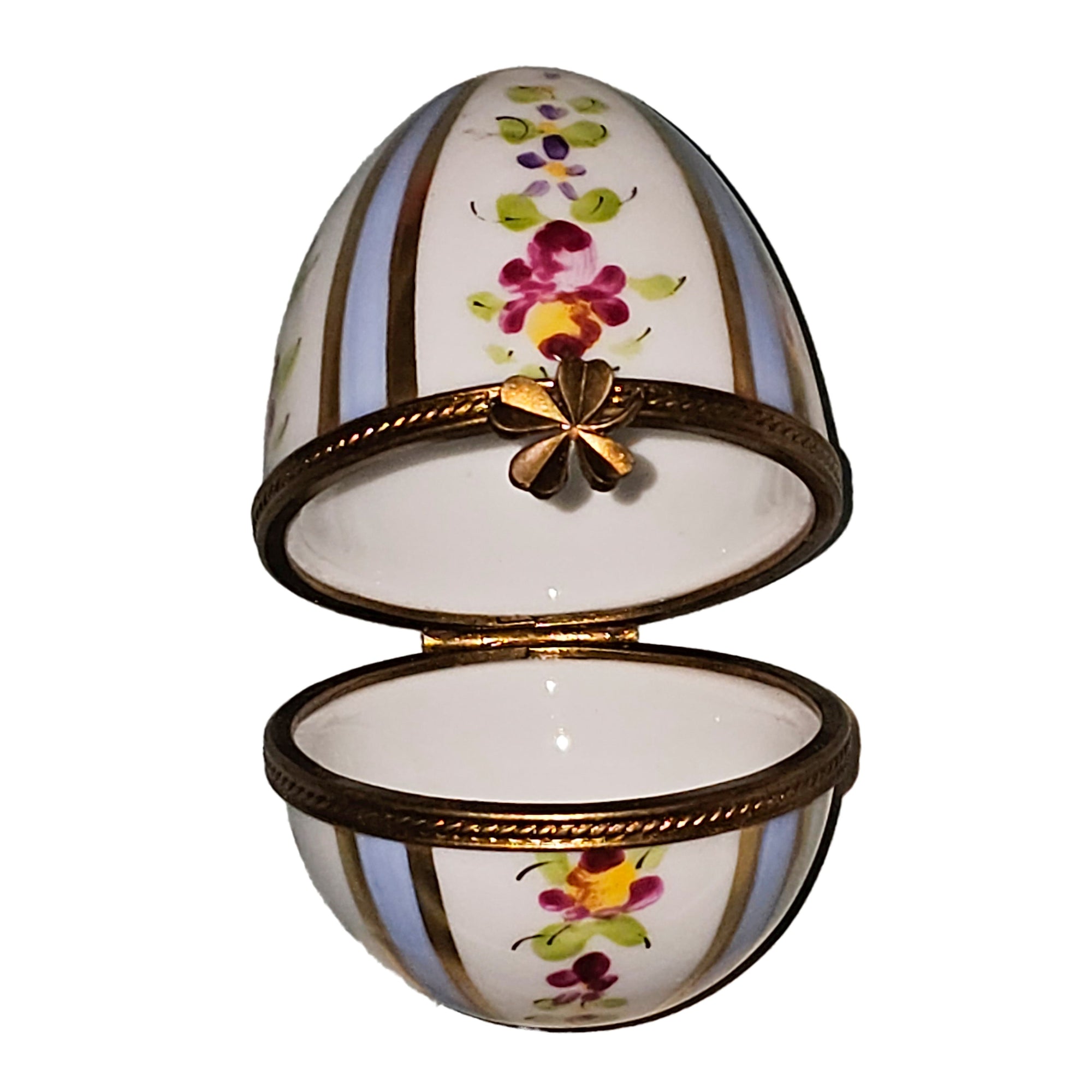 Light Blue Striped Floral Egg Porcelain Limoges egg French Trinket Box