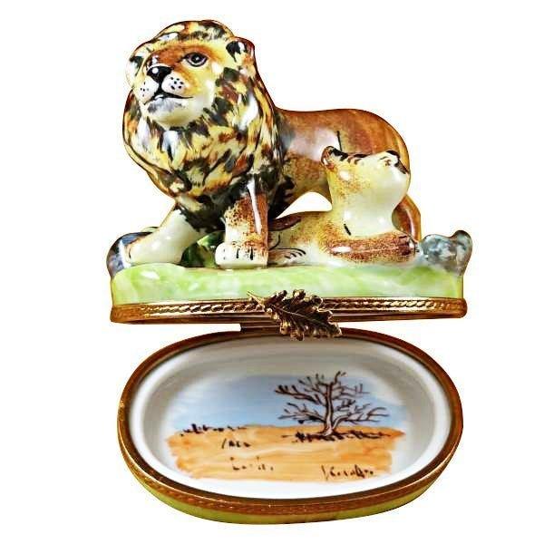 Lion with Baby Porcelain Limoges wild animals cats French Trinket Box