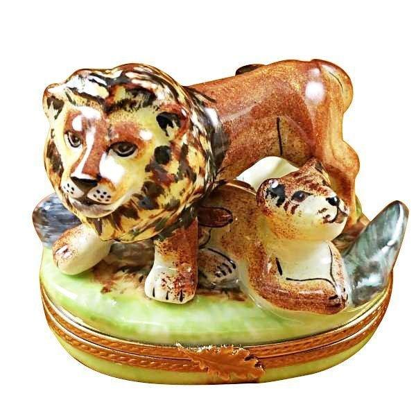 Lion with Baby Porcelain Limoges wild animals cats French Trinket Box