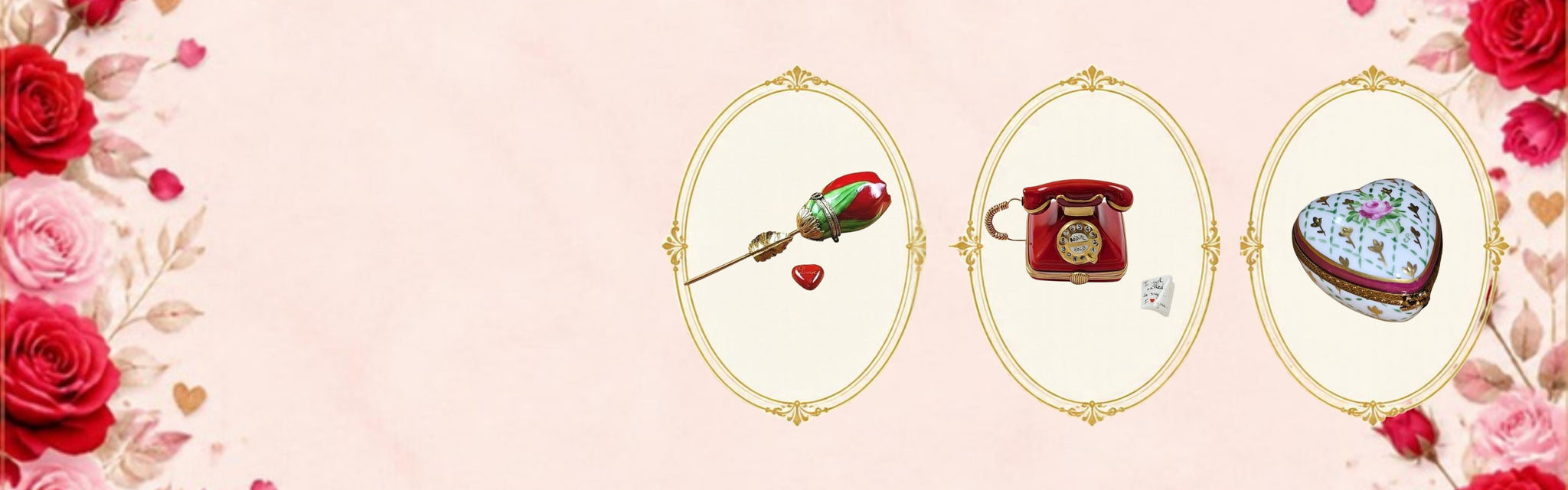 Love and hearts Limoges boxes: Red Rose for Romance, Red Telephone and Red Heart with Gold and Rose in gold cameo frames