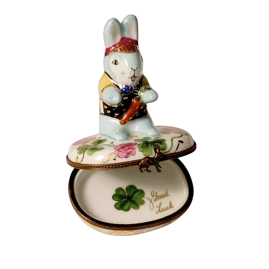 Good Luck Blue Game Rabbit on Flowers Limoges Box Figurine - Limoges Box Boutique