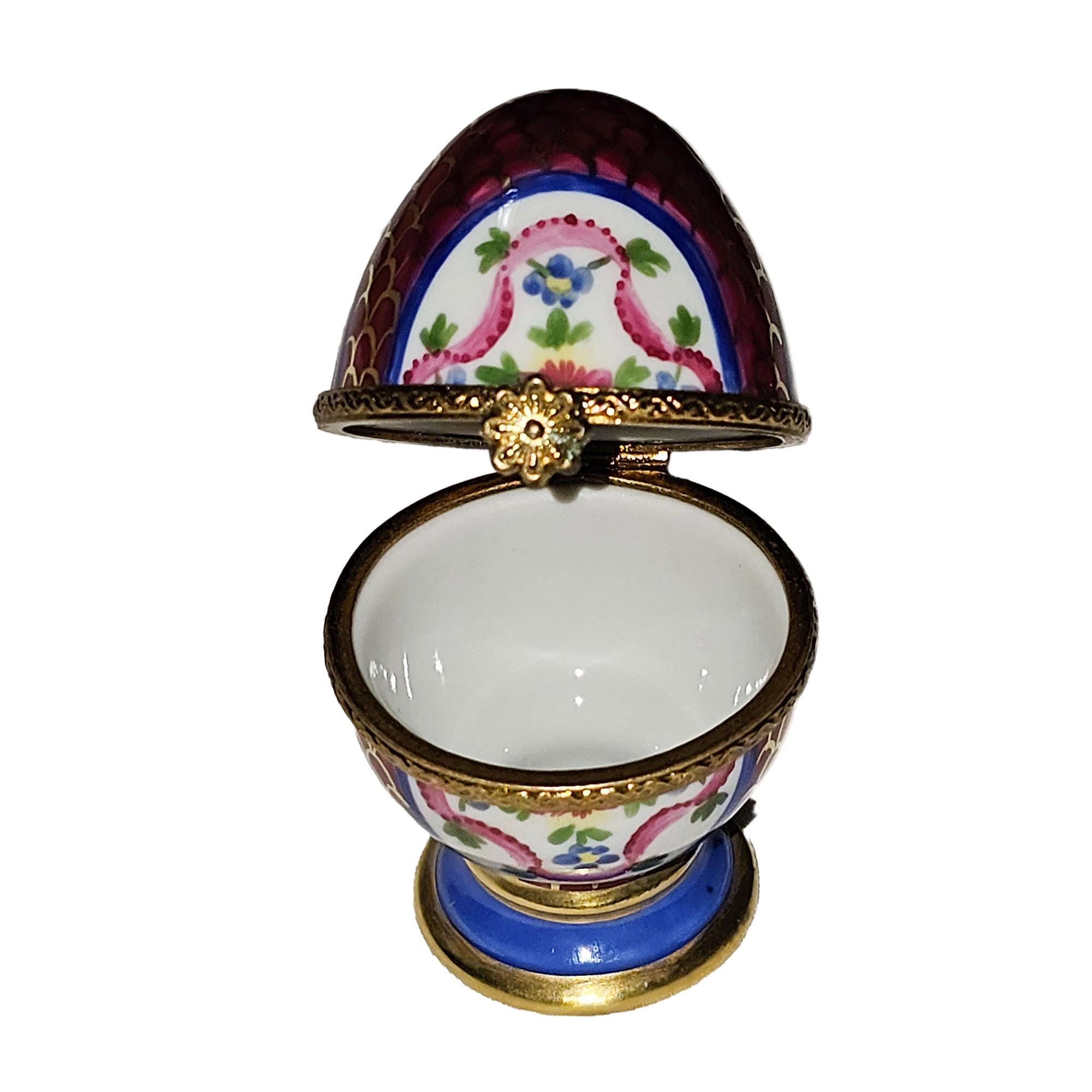 Maroon Egg on Golden Pedestal Porcelain Limoges egg French Trinket Box