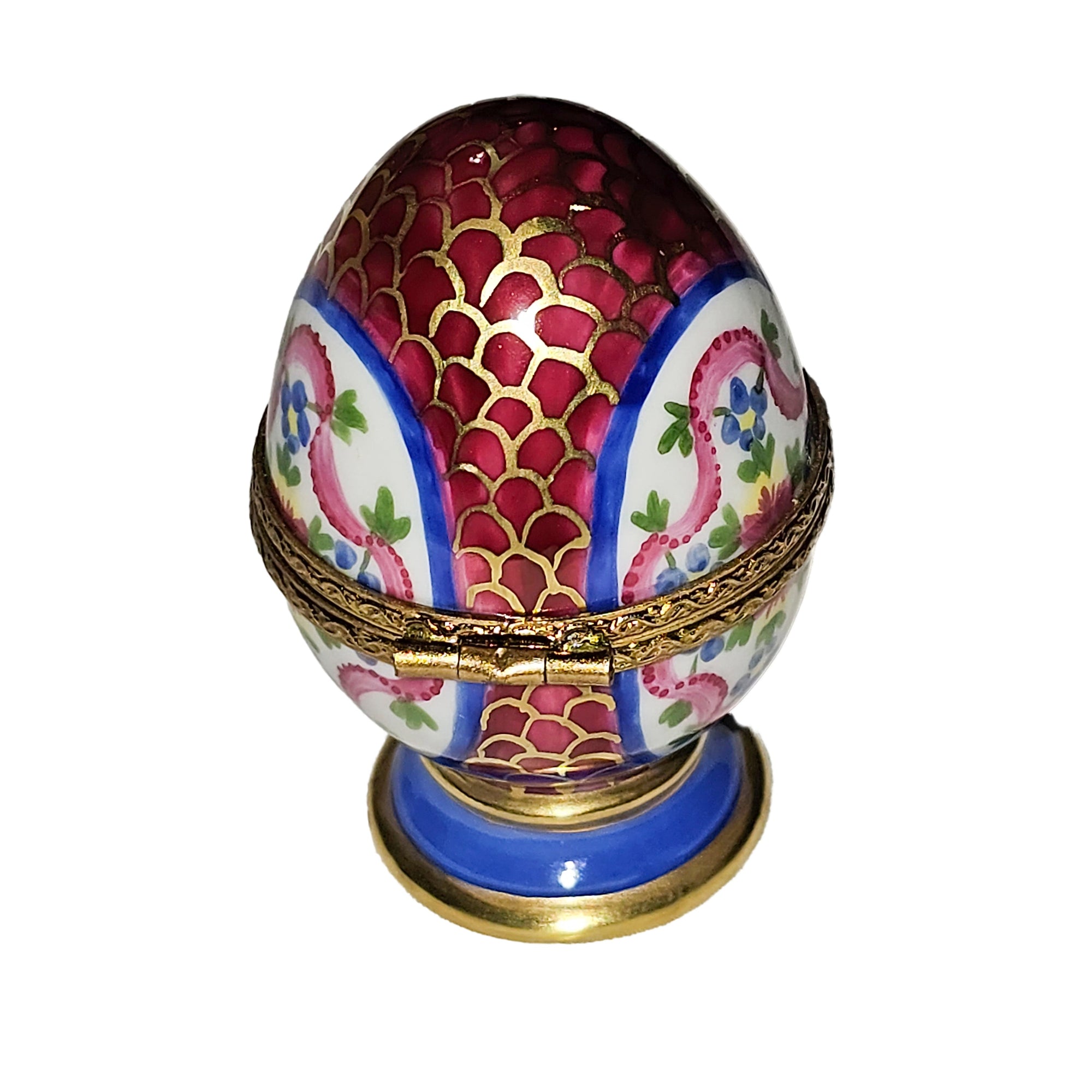 Maroon Egg on Golden Pedestal Porcelain Limoges egg French Trinket Box