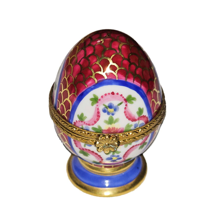 Maroon Egg on Golden Pedestal Porcelain Limoges egg French Trinket Box